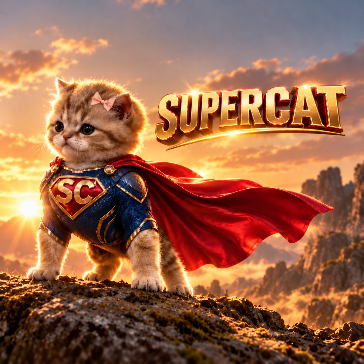 SuperCat, a fluffy kitten in a blue suit with a gold SC emblem and a flowing red cape, standing on a rock at sunset